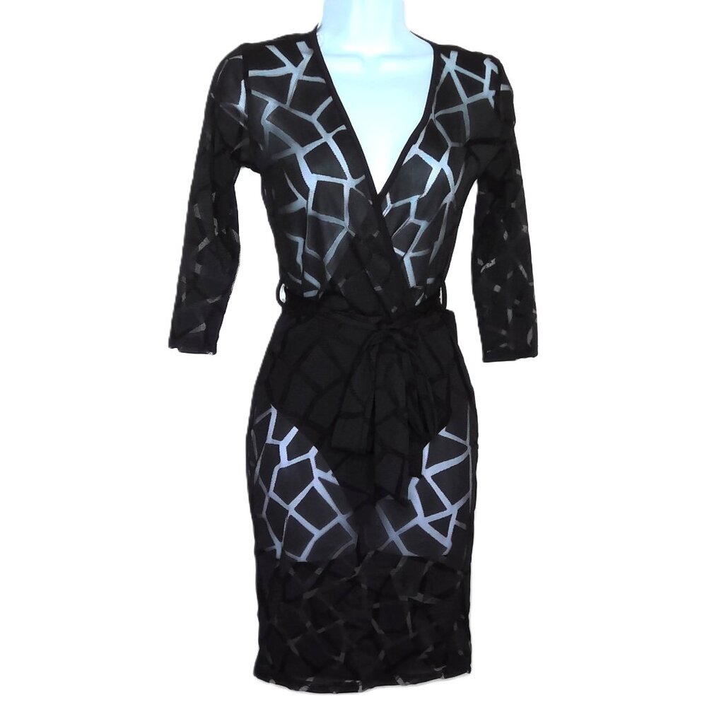 New Laqueen Black Lace Dress Faux Wrap Tie Party Sheer Mesh Stretch NWT Sz S